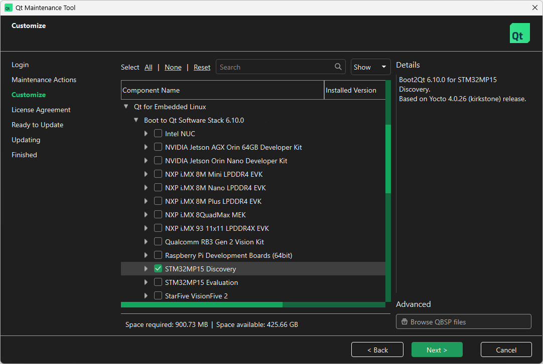 Location of STM32MP15 Discovery in Select Components UI view of Qt Maintenance Tool.