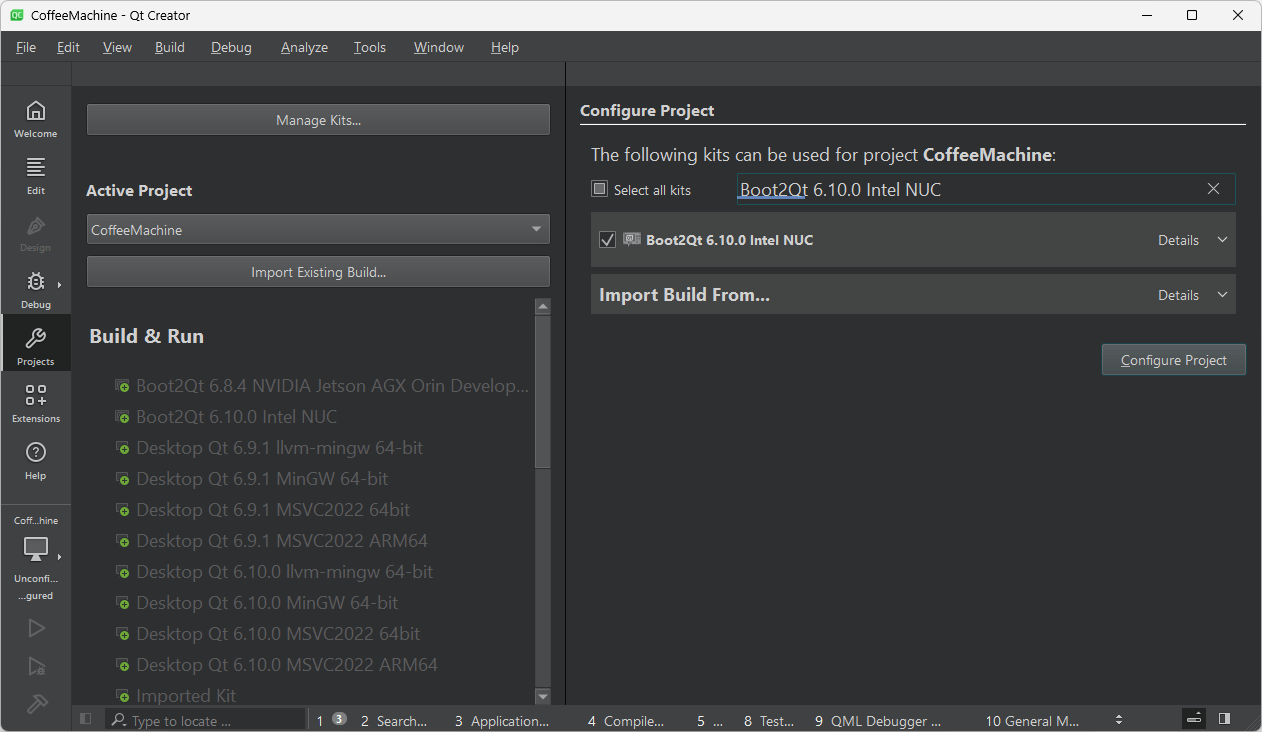 Configure Project UI view in Qt Creator.
