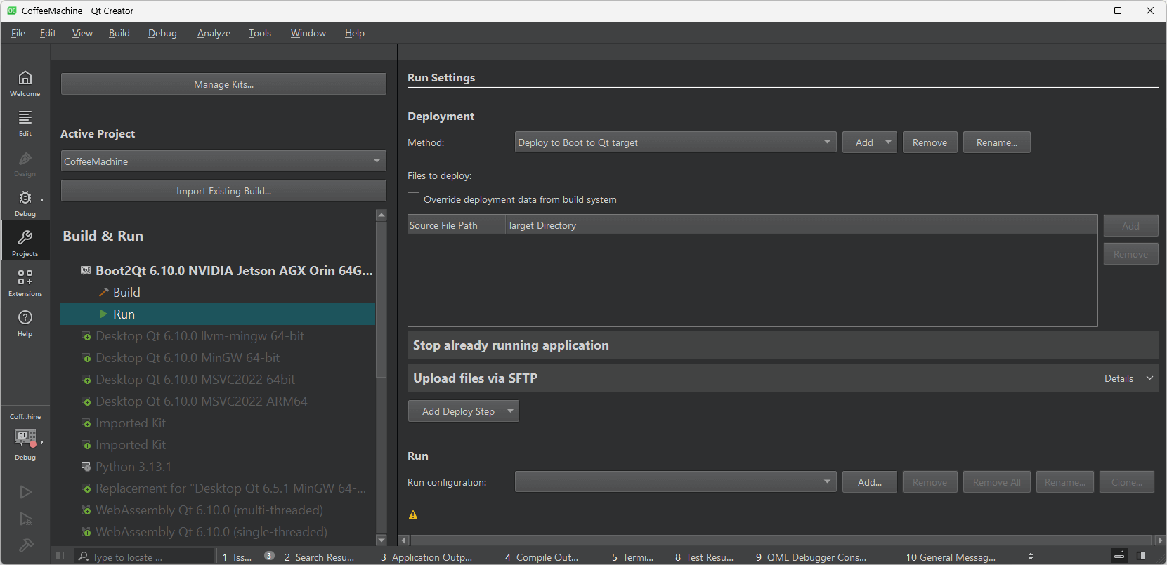 Run Settings UI view in Qt Creator.