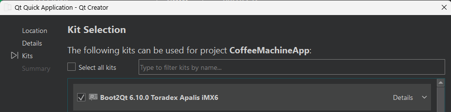 Qt Creator Kit Selection UI view.