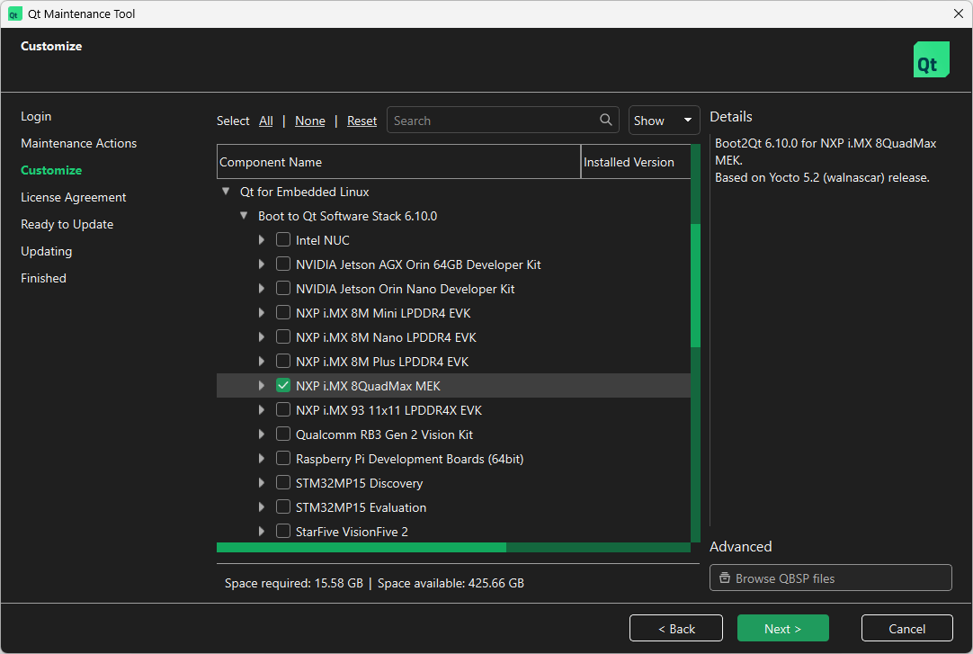 Location of NXP i.MX 8QuadMax MEK in Select Components UI view of Qt Maintenance Tool.