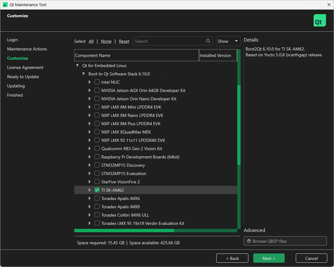 Location of TI SK-AM62x in Select Components UI view of Qt Maintenance Tool.