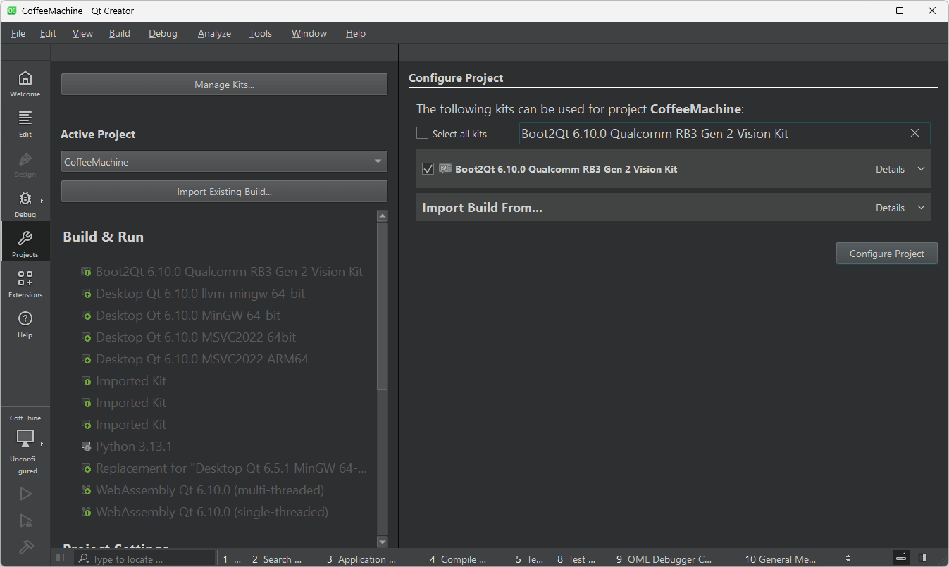 Configure Project UI view in Qt Creator.