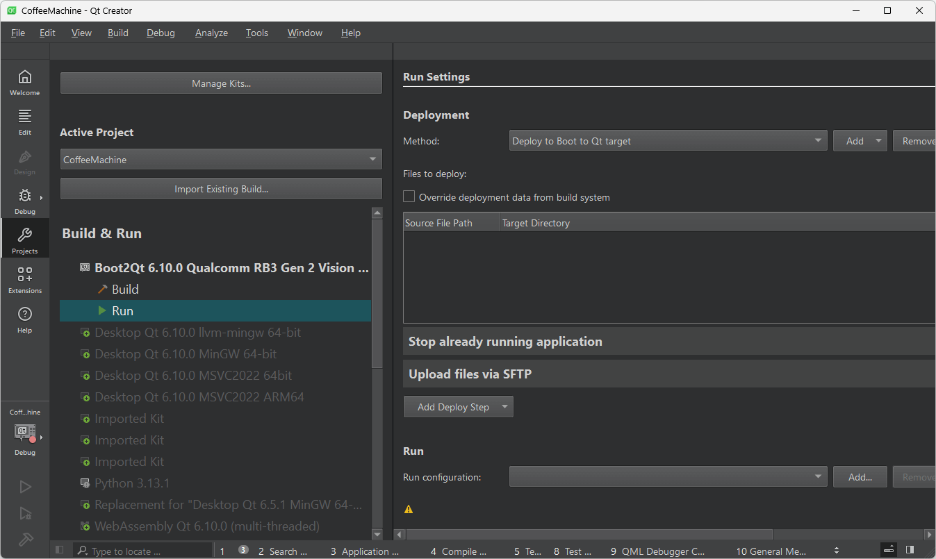 Run Settings UI view in Qt Creator.