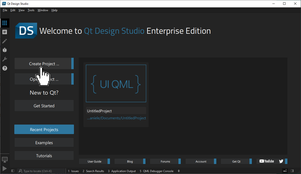Initializing a project in Qt Design Studio.