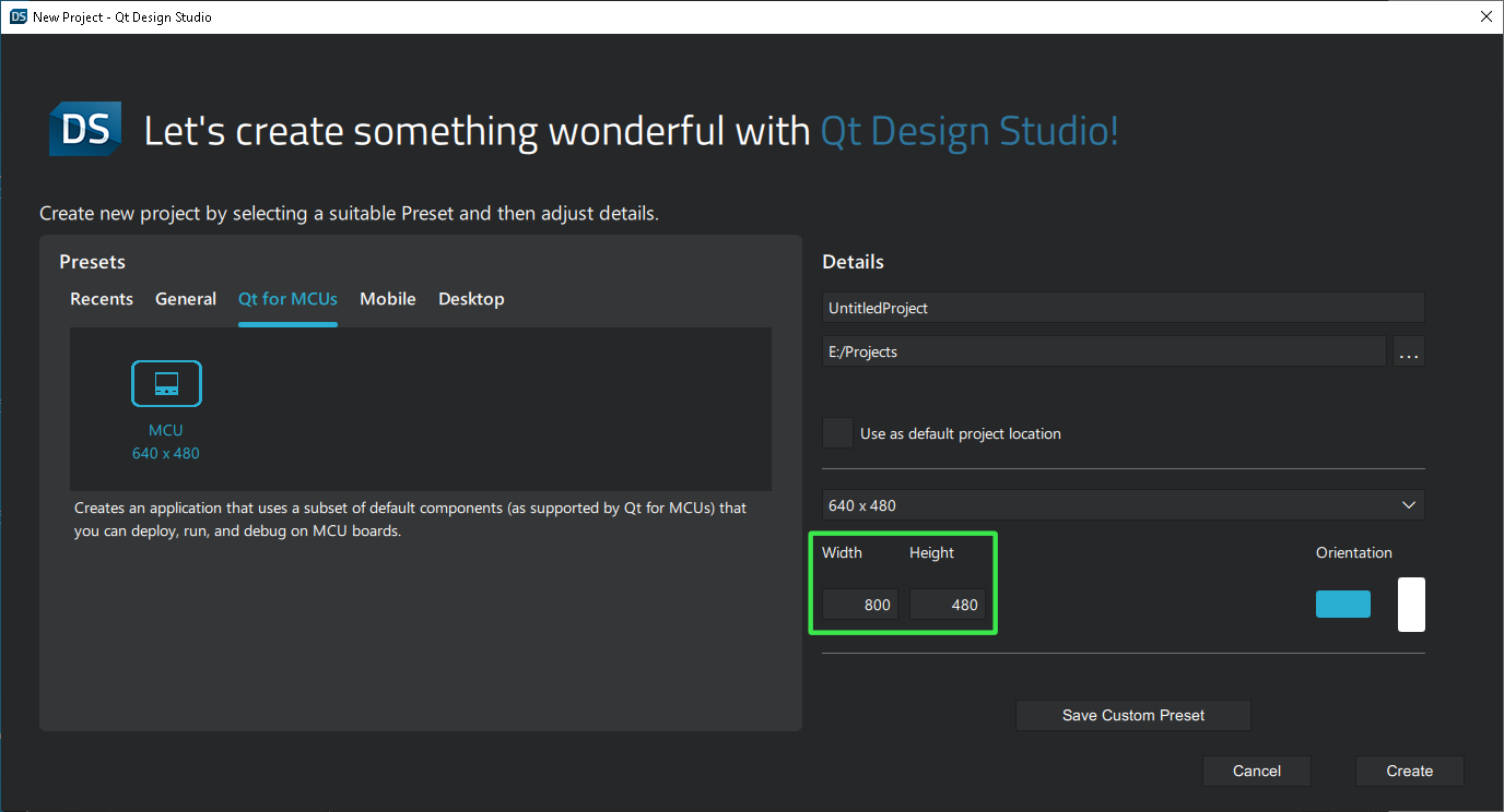 Setting the screen resolution for your project in Qt Design Studio.