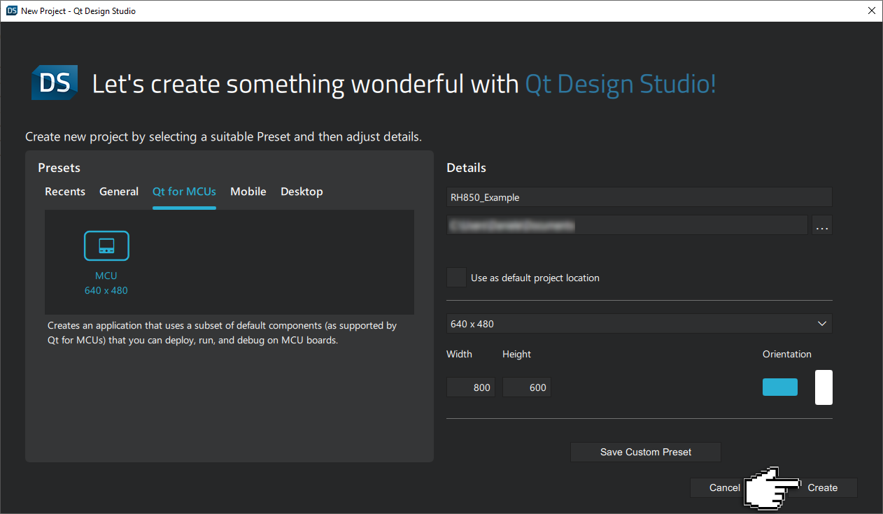 Naming and creating your project in Qt Design Studio.