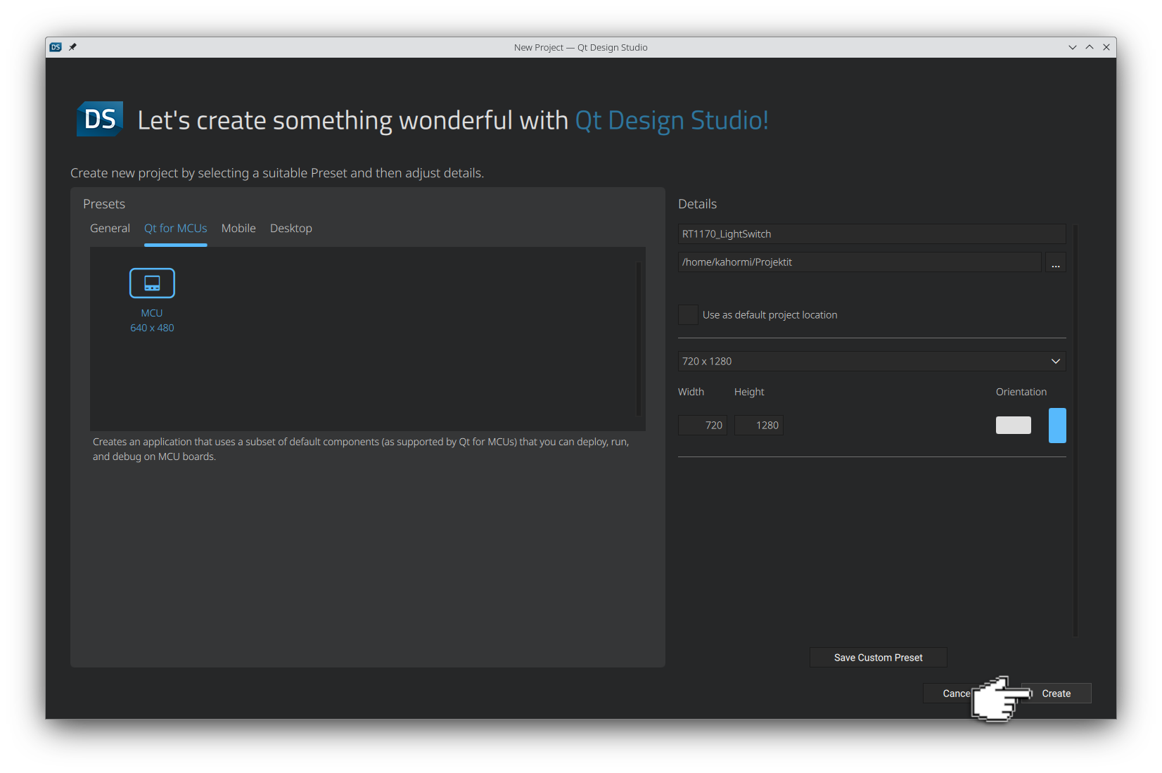 Naming the project in Qt Design Studio.