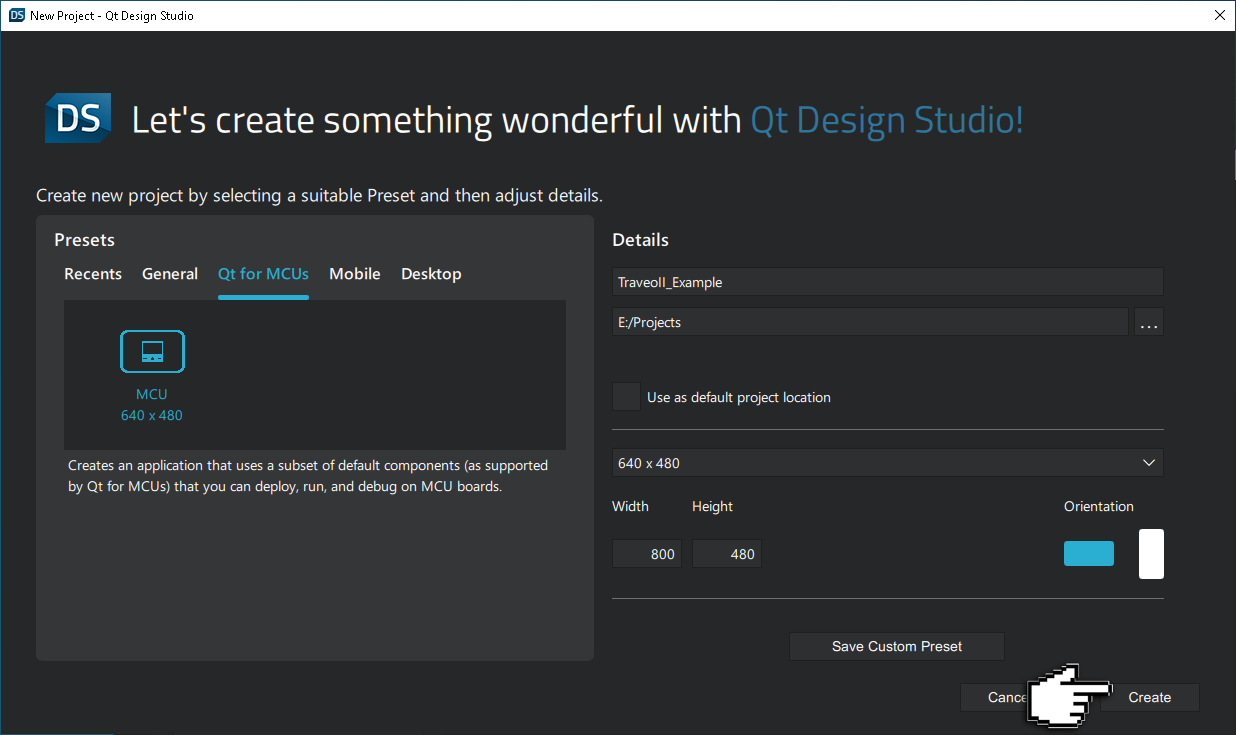 Naming and creating your project in Qt Design Studio.