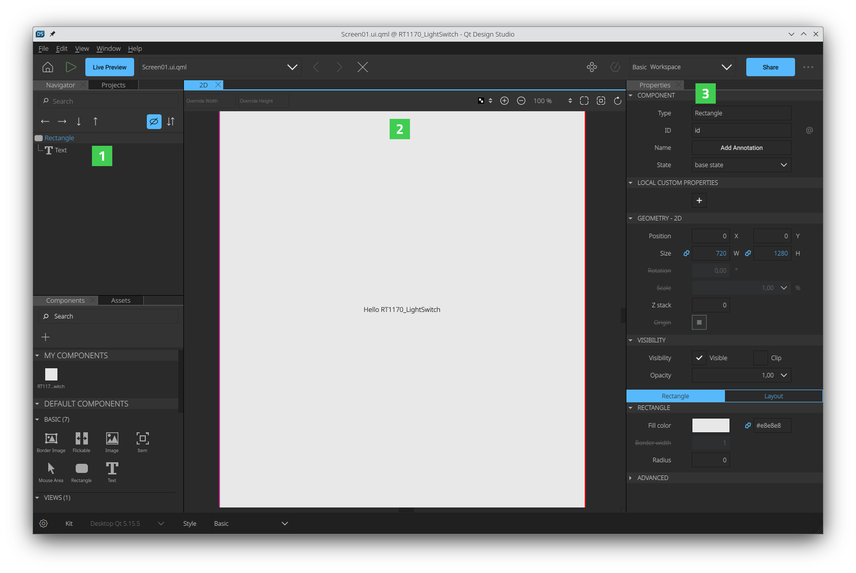 Your project with a Rectangle and Text item in the 2D view.