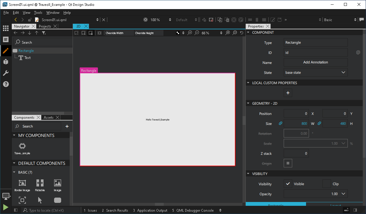 Your project with a Rectangle and Text item in the 2D view.