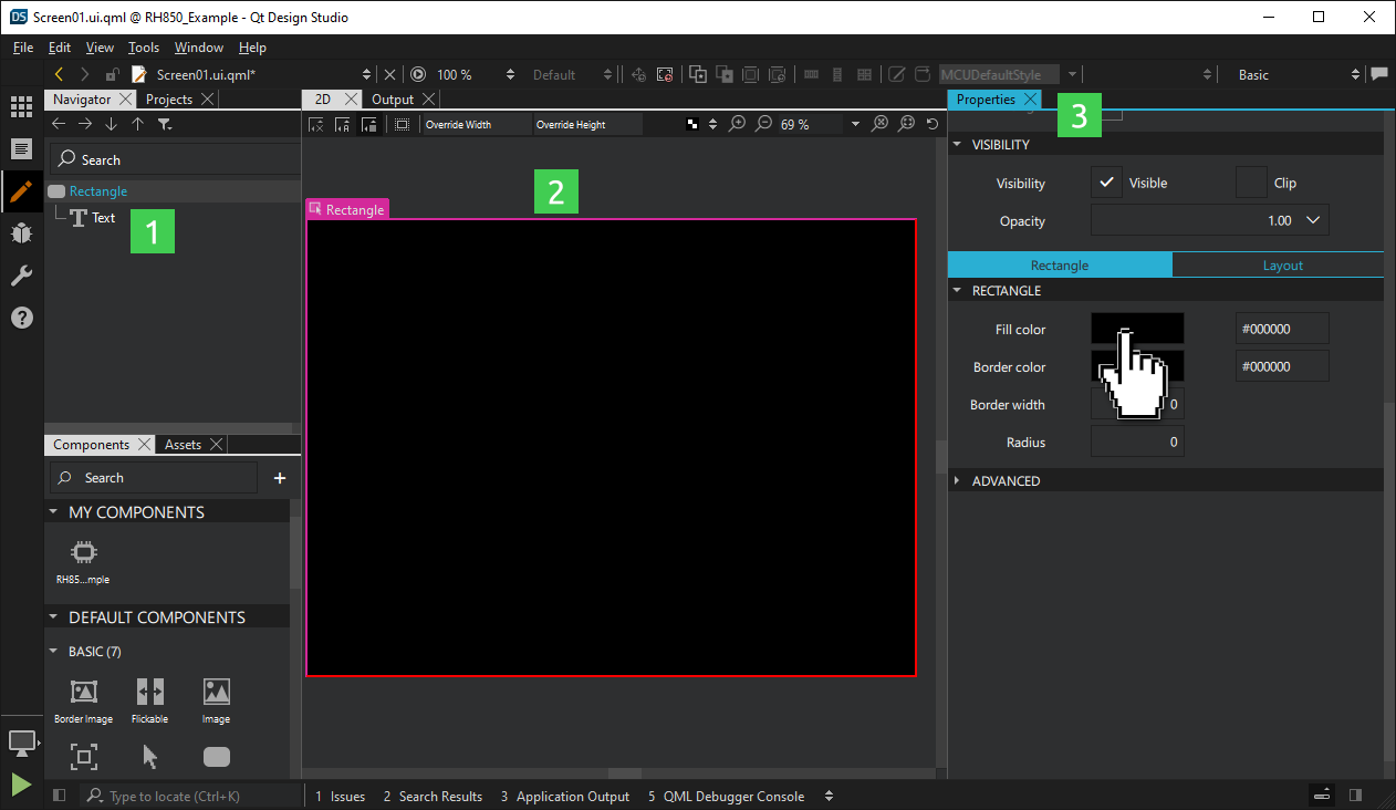 Changing the fill color of the Rectangle in the Properties pane.