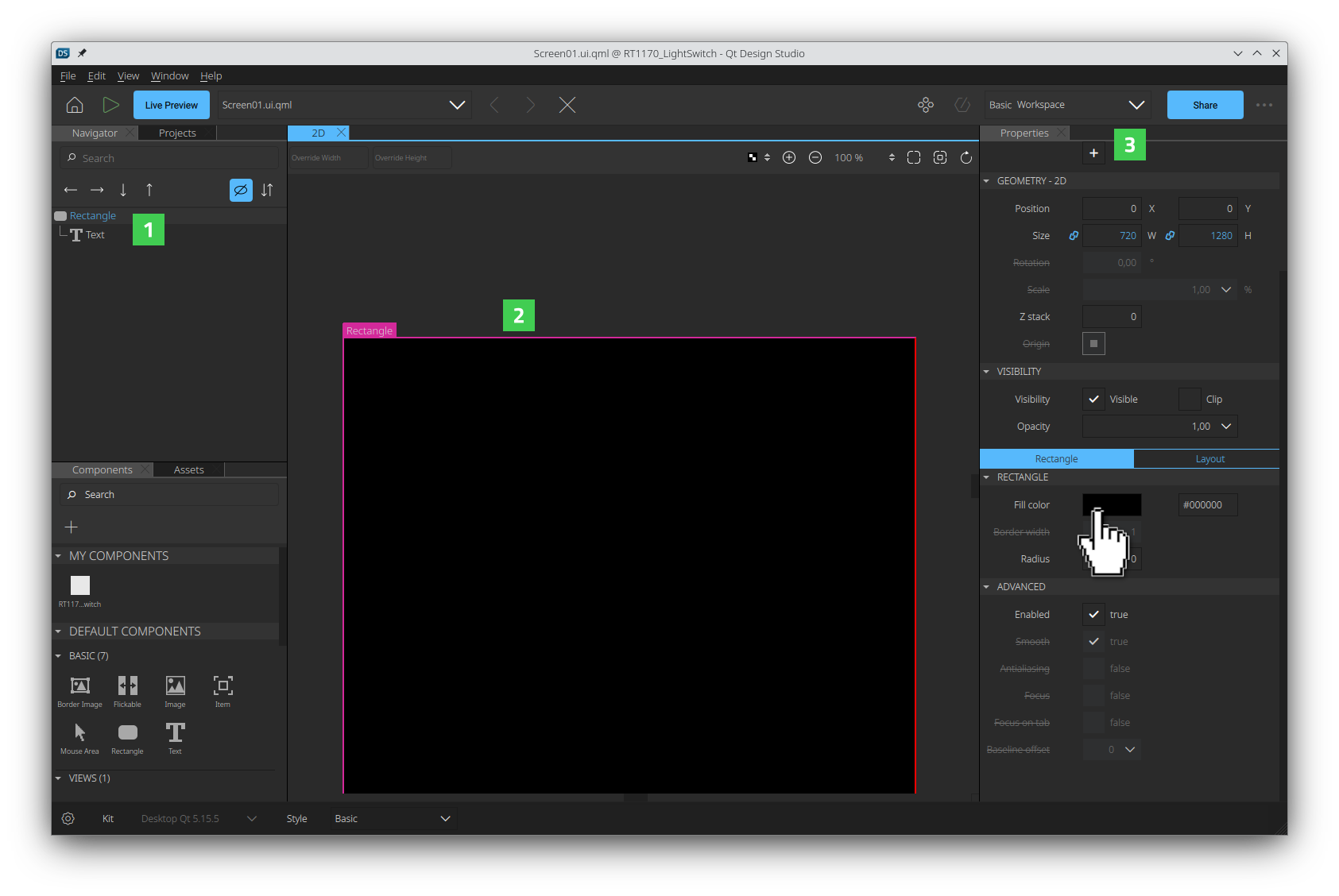 Changing the Fill color of the Rectangle item in the Properties pane.