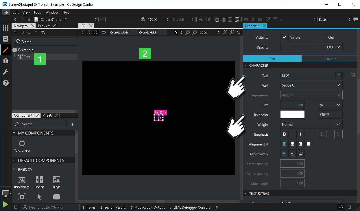 Changing the Text properties in the Properties pane.