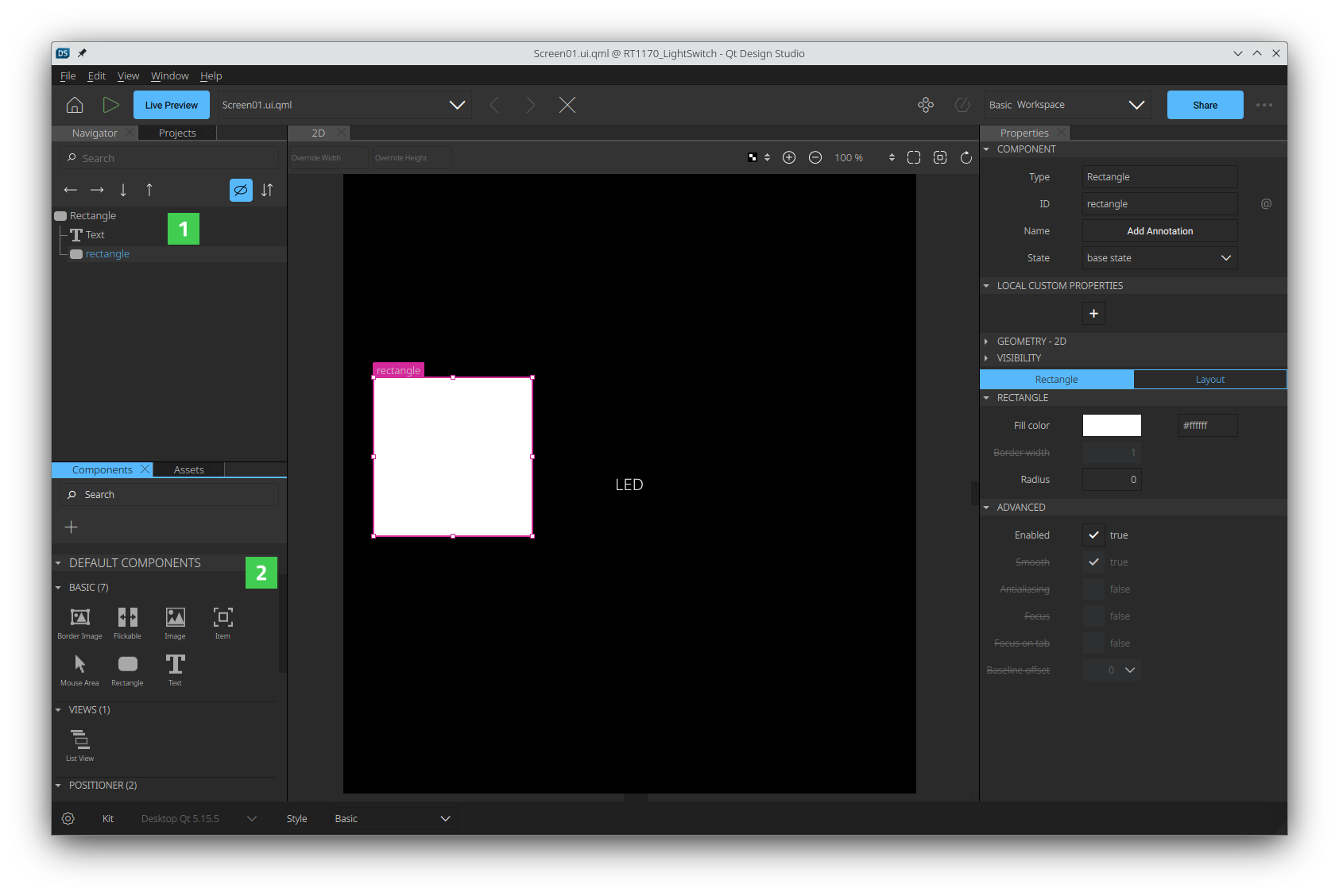 Adding a new Rectangle item to the project in the 2D view.