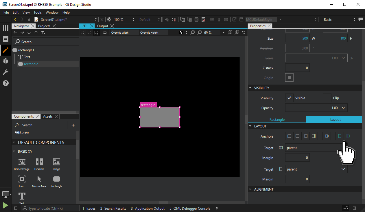 Anchoring the new Rectangle to the center of its parent in the Properties pane.