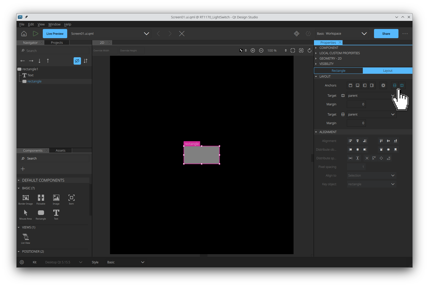 Anchoring the new Rectangle item to the center of its parent in the Properties pane.