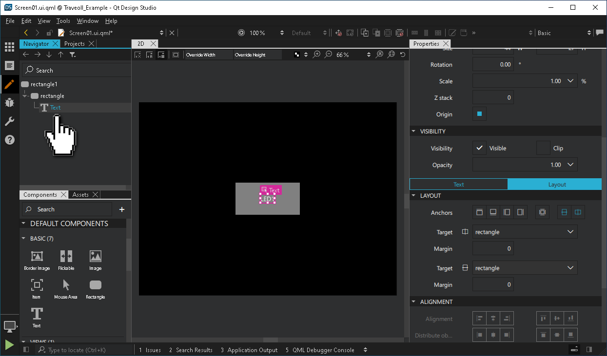 Dragging the existing Text component onto the new Rectangle in the Navigator pane.