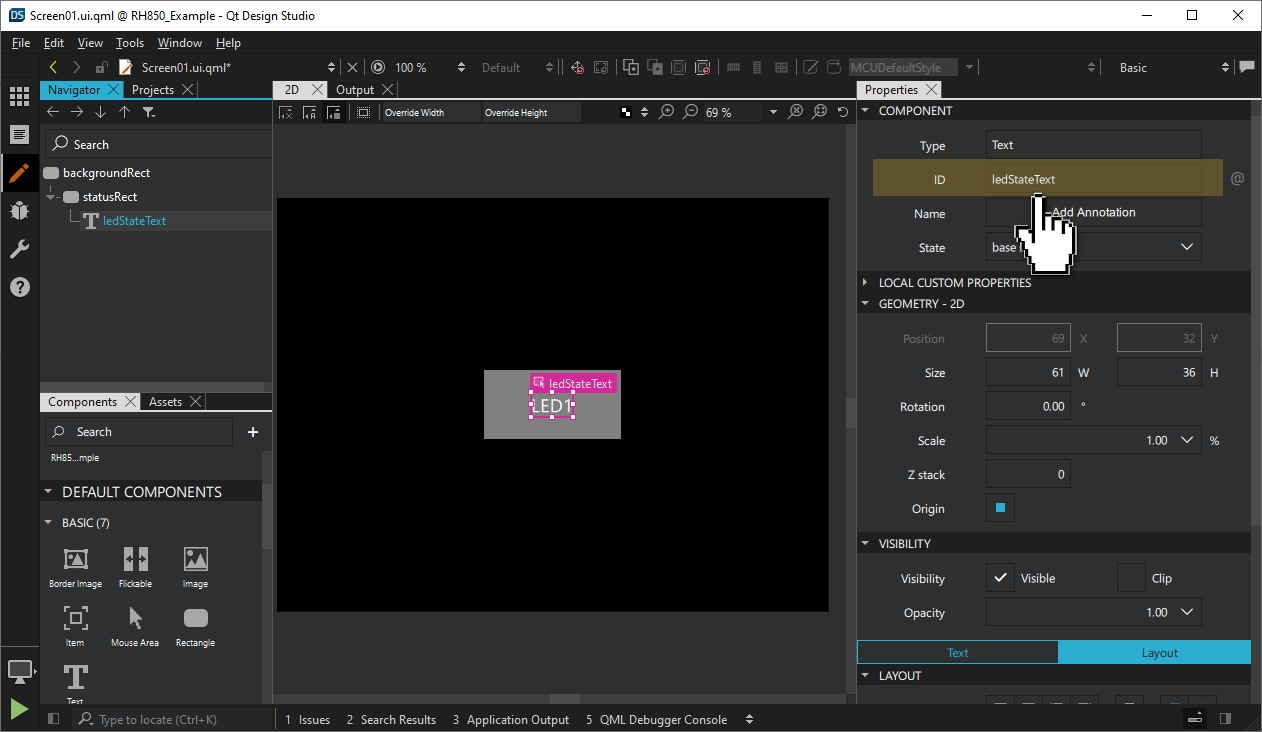 Naming the Text item in the Properties pane.