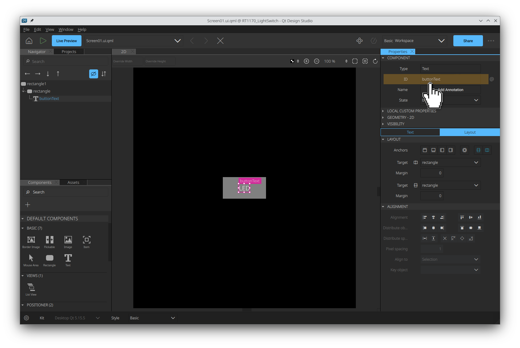 Naming the Text item in the Navigator pane.