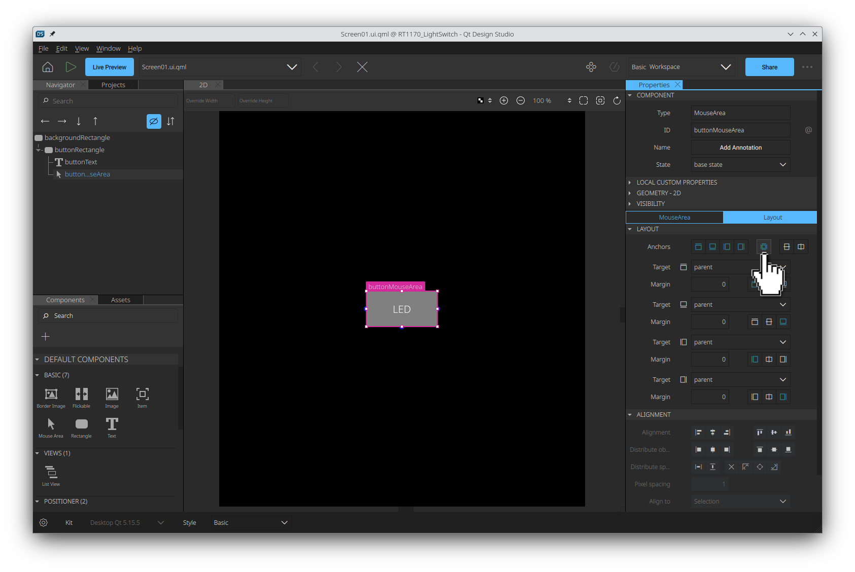 Anchoring the MouseArea item to its parent in the Properties pane.