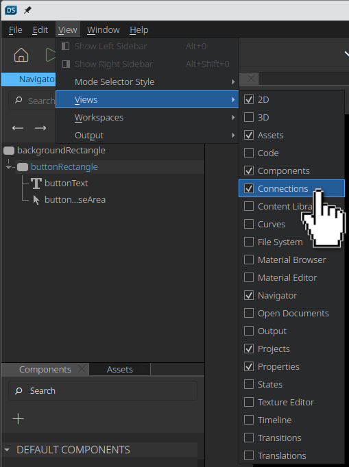 Selecting the Connections view in the View menu.