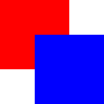 A blue rectangle stacked on top of a red rectangle due to the blue rectangle appearing later.