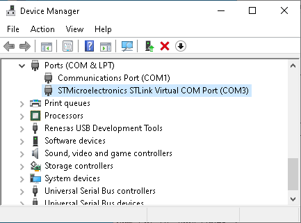 Device Manager showing a virtual COM port for the connected device.