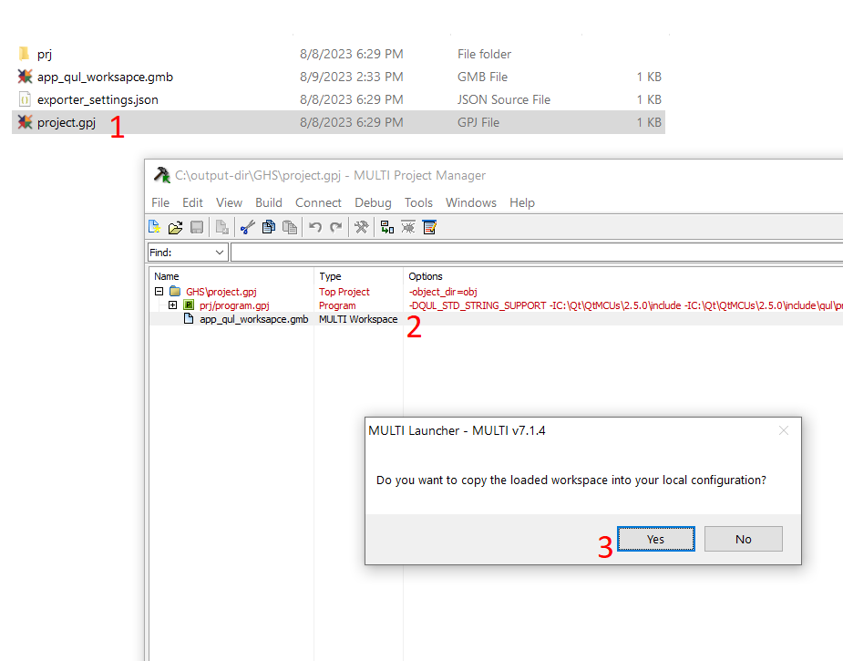 Using the MULTI Project Manager to import the .gmb workspace file.