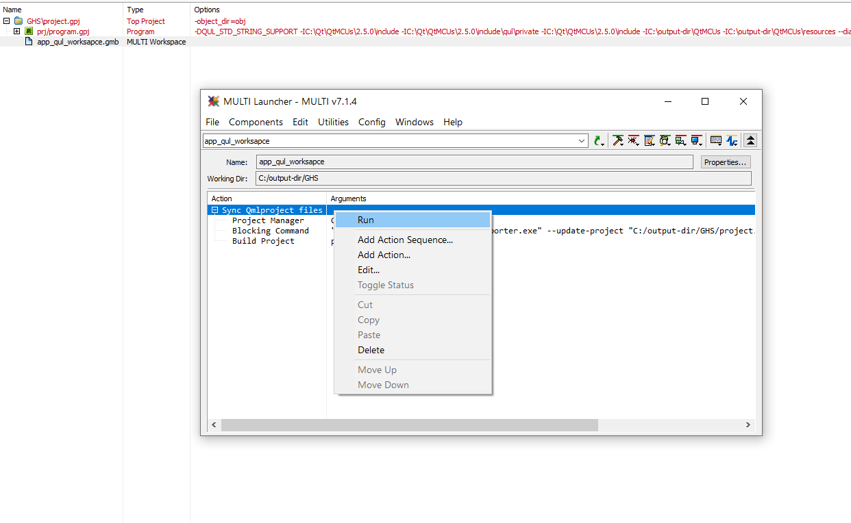 The generated QUL workspace in GHS MULTI IDE with the update command sequence.