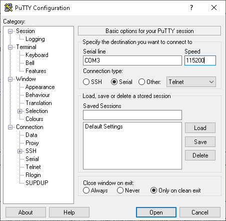 PuTTY configuration for serial connection.