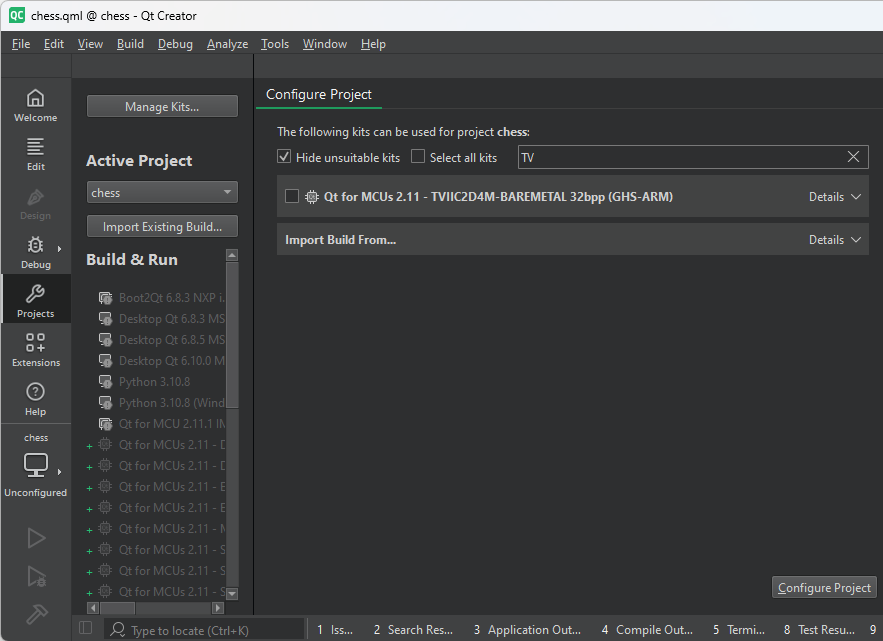 Configuring an MCU project for an Infineon target using Qt Creator.