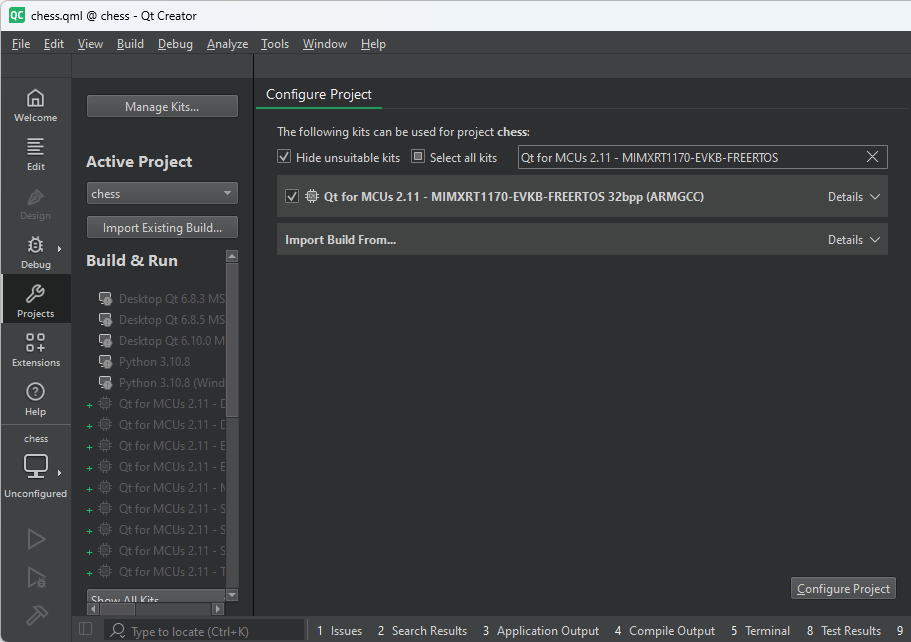 Configuring an MCU project for an NXP target using Qt Creator.