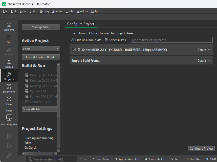 Configuring an MCU project for a Renesas target using Qt Creator.