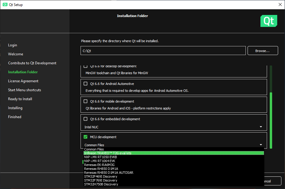Installing the pre-made MCU development preset for an Infineon target using Qt Online Installer.