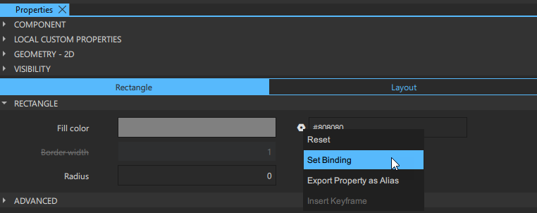 Setting a binding in the Rectangle tab of the Properties pane.
