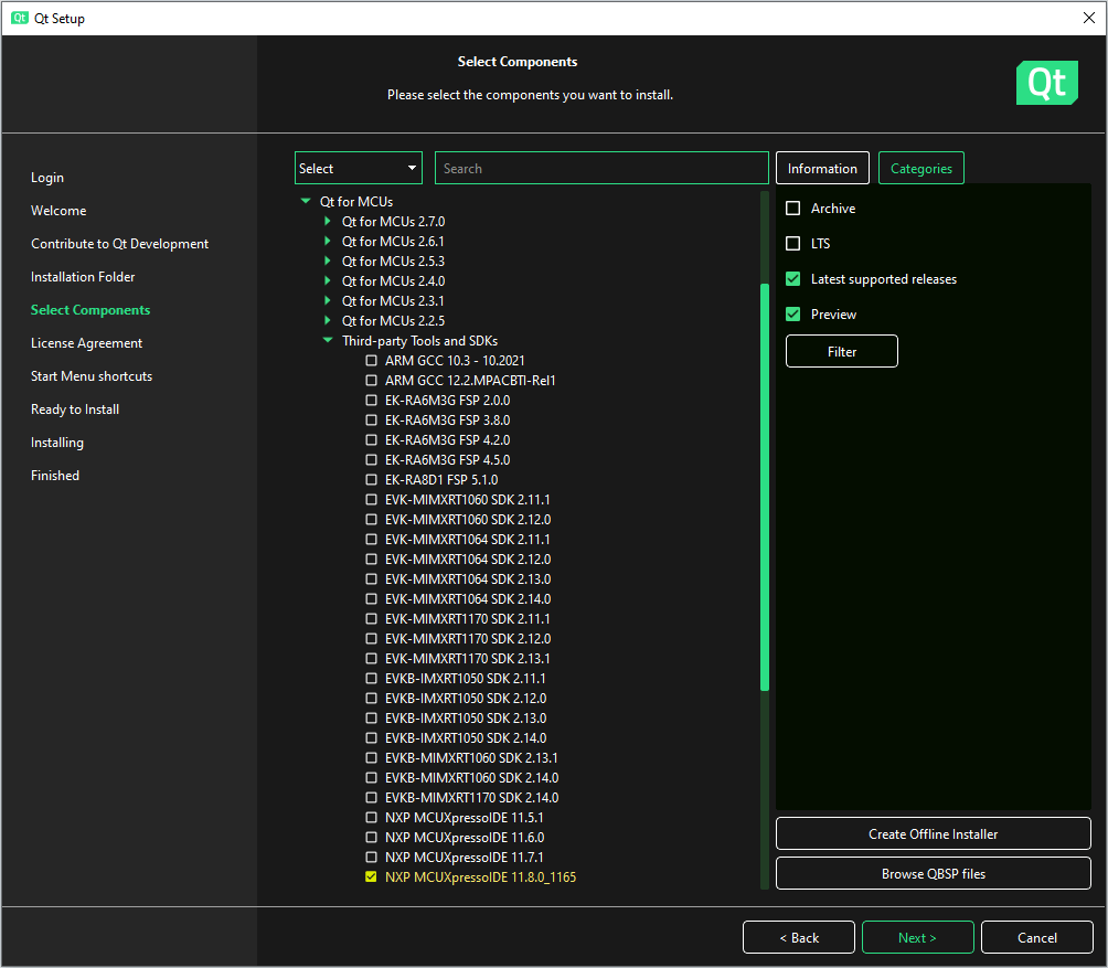 Installing the NXP MCUXpresso IDE using Qt Online Installer.