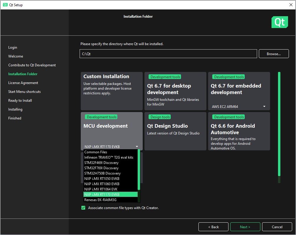 Installing the pre-made MCU development preset for an NXP target using Qt Online Installer.