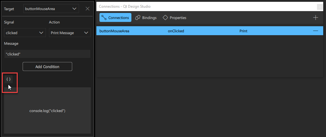 Selecting the manual conditions icon to open the Connection Editor.
