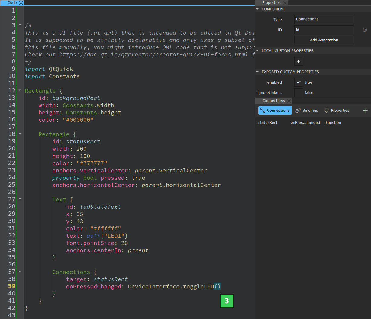 Adding the first connection in the Code view.