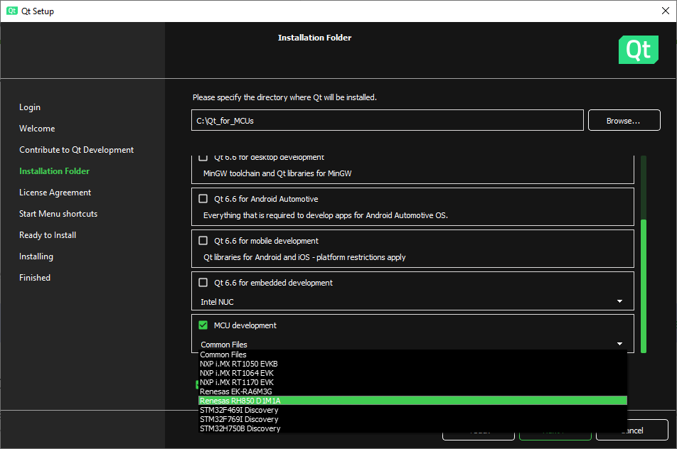 Installing the pre-made MCU development preset for a Renesas target using Qt Online Installer.