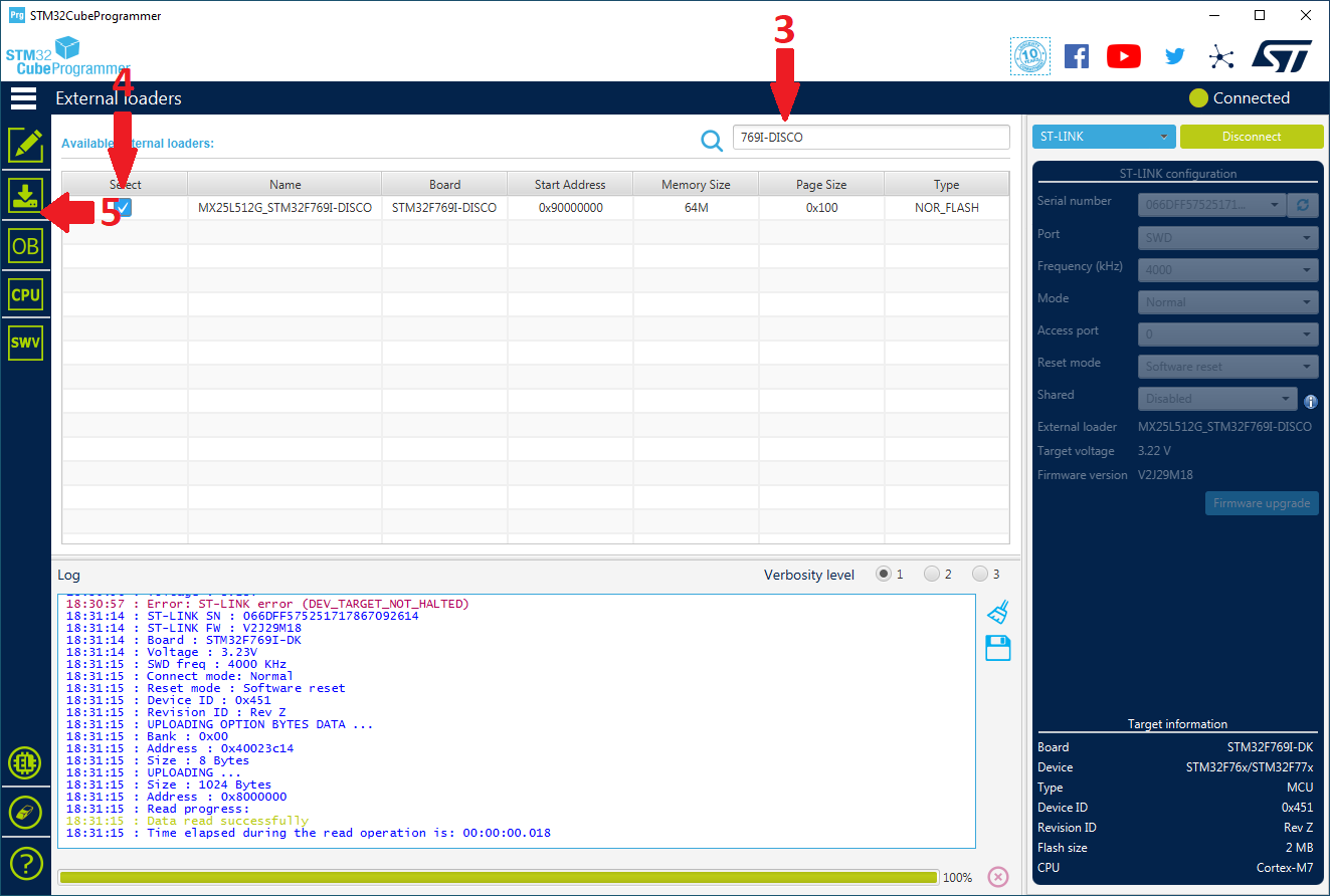 Preparing your board for flashing in STM32CubeProgrammer.