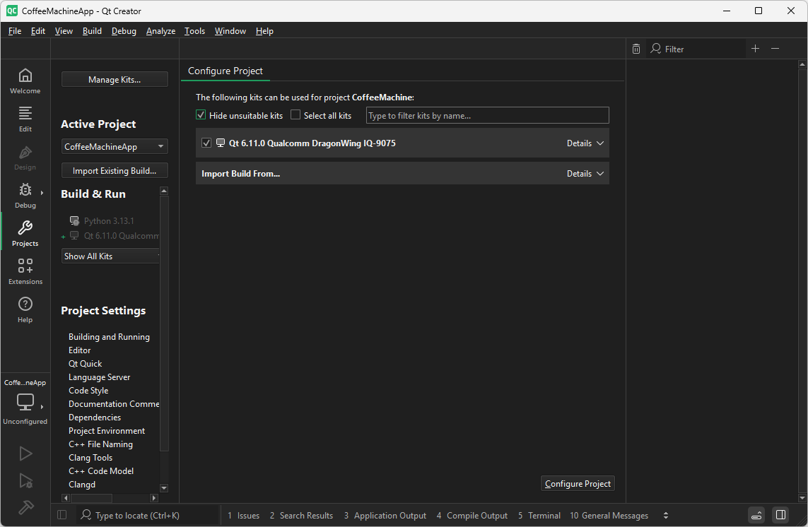 Configure Project UI view in Qt Creator.