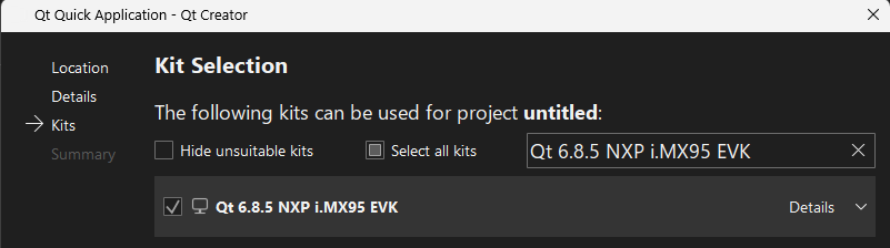 Qt Creator Kit Selection UI view.