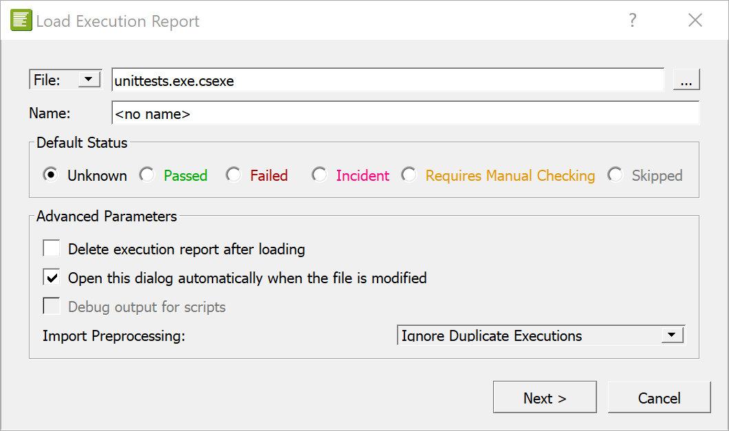 Load Execution Report dialog