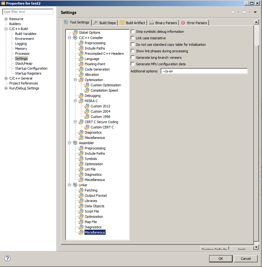 Linker Extra Options