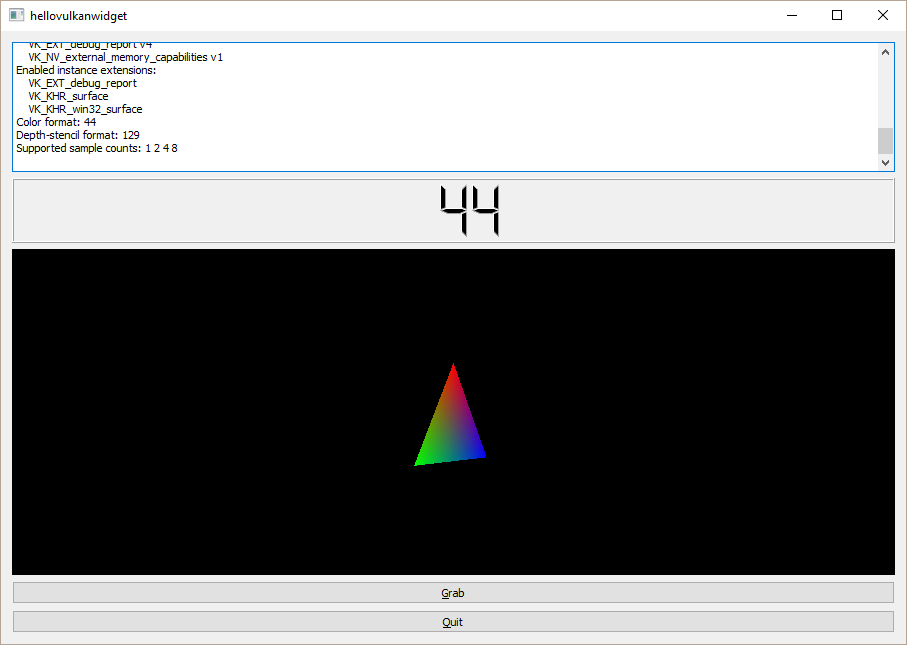 Screenshot of example with window showing image contents and label showing color format and buttons to grab and quit