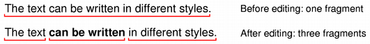 Screenshot showing how a text is separated in three fragments if the middle text is made bold.