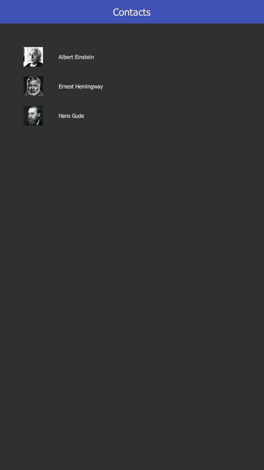 Contacts page with Material style in dark theme