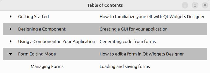 Tree view showing hierarchical table of contents structure